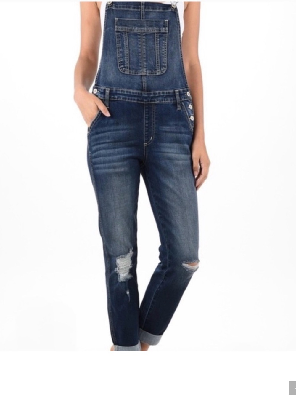 KanCan Dark Blue Distressed Denim Overalls for Women